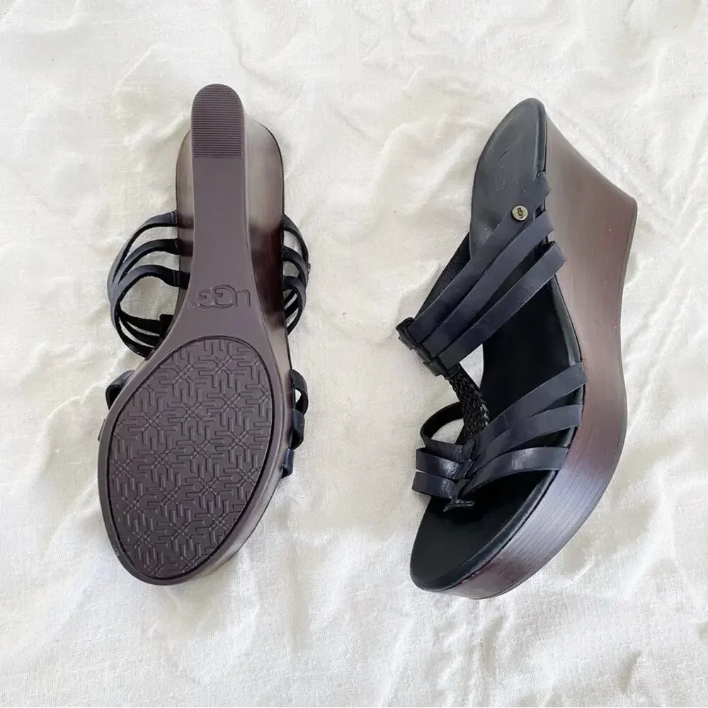 Ugg Black Mattie Leather PlatformWedge Sandal Size 9W